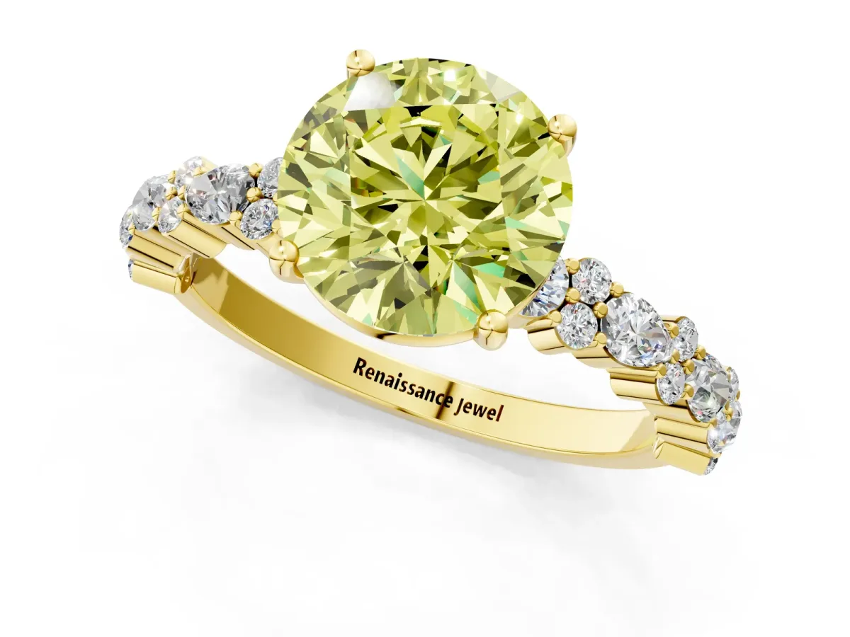 Fancy Yellow Round Cut Diamond Side Stone Solitaire Ring with Round and Four-Prong Setting Yellow gold