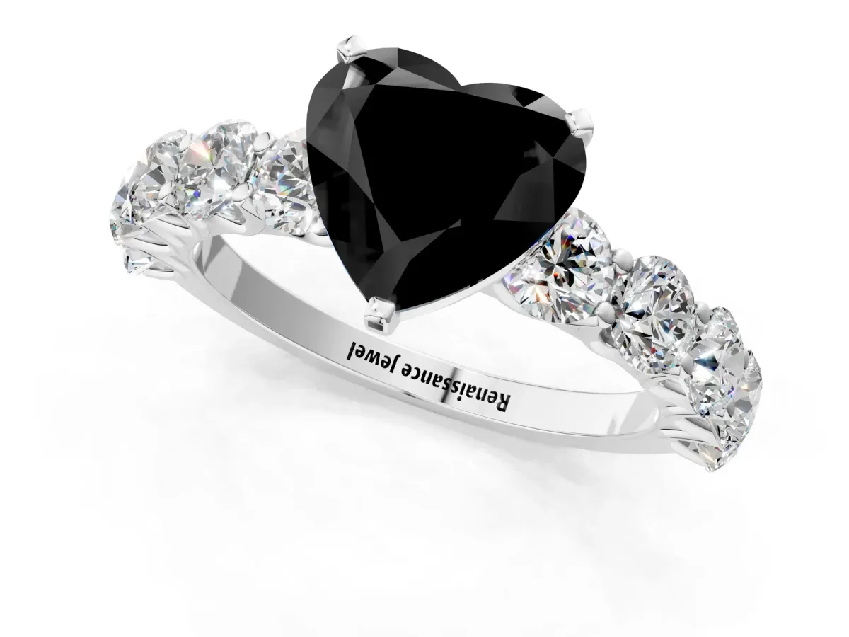 Fancy Black Heart Cut Diamond Prong Setting with Side Stones on a Pave Band Silver