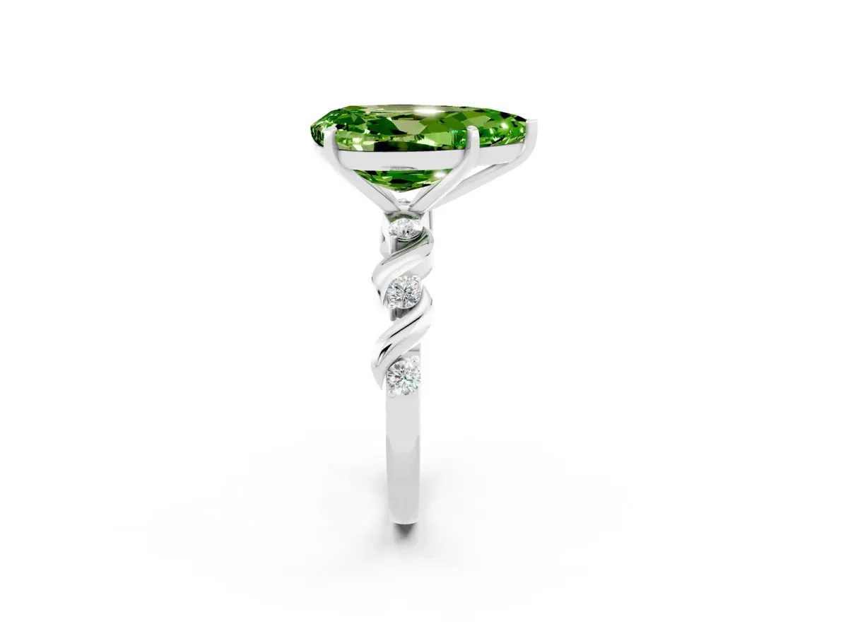Pear Cut Peridot Solitaire Twisted Band with Round Accents and Prong Setting Silver