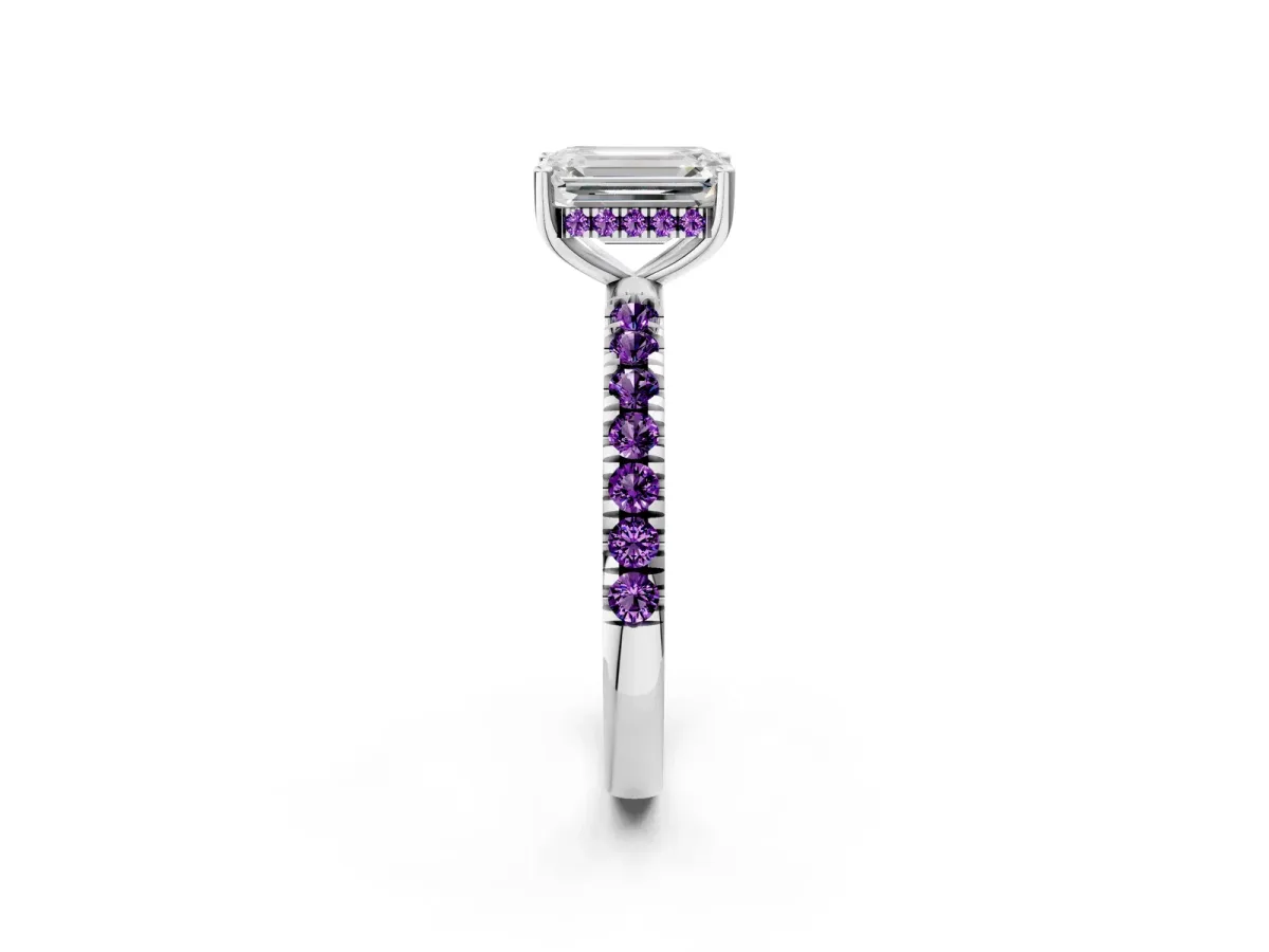 Emerald Cut Diamond Pave Band Solitaire Ring with Round Amethyst and Prong Setting Platinum