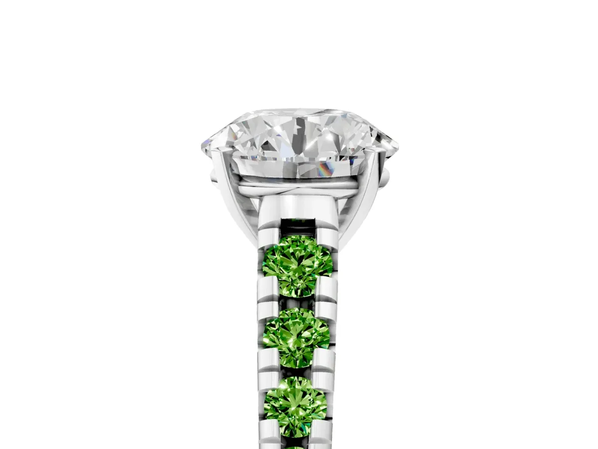 Round Cut Diamond Cathedral Solitaire Ring with Round Peridot Pavé Band Platinum