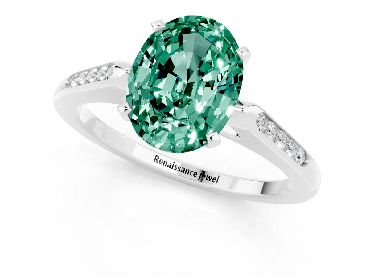 Oval Cut Green Sapphire Solitaire Ring with Channel Set Round Band and Prong Setting Silver