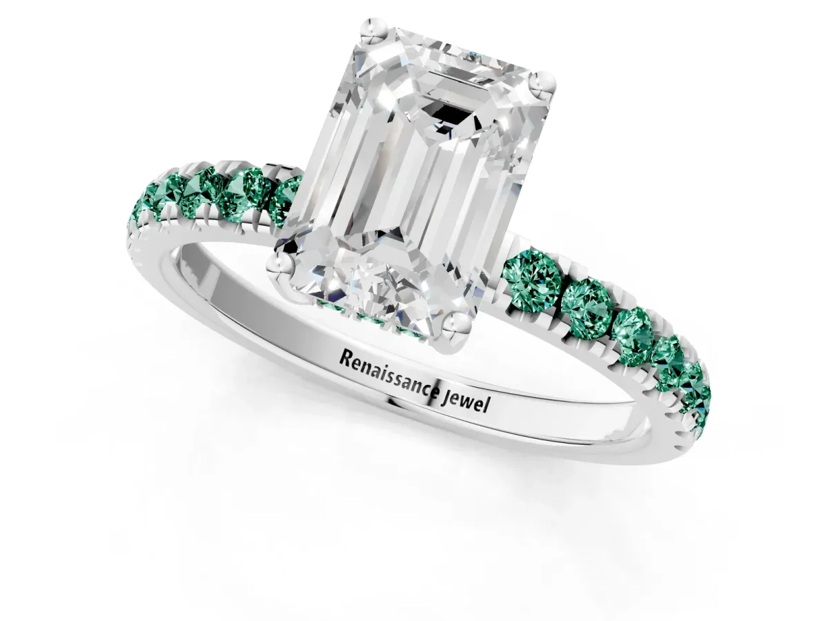 Emerald Cut Diamond Pave Band Solitaire Ring with Round Green Sapphire and Prong Setting Silver