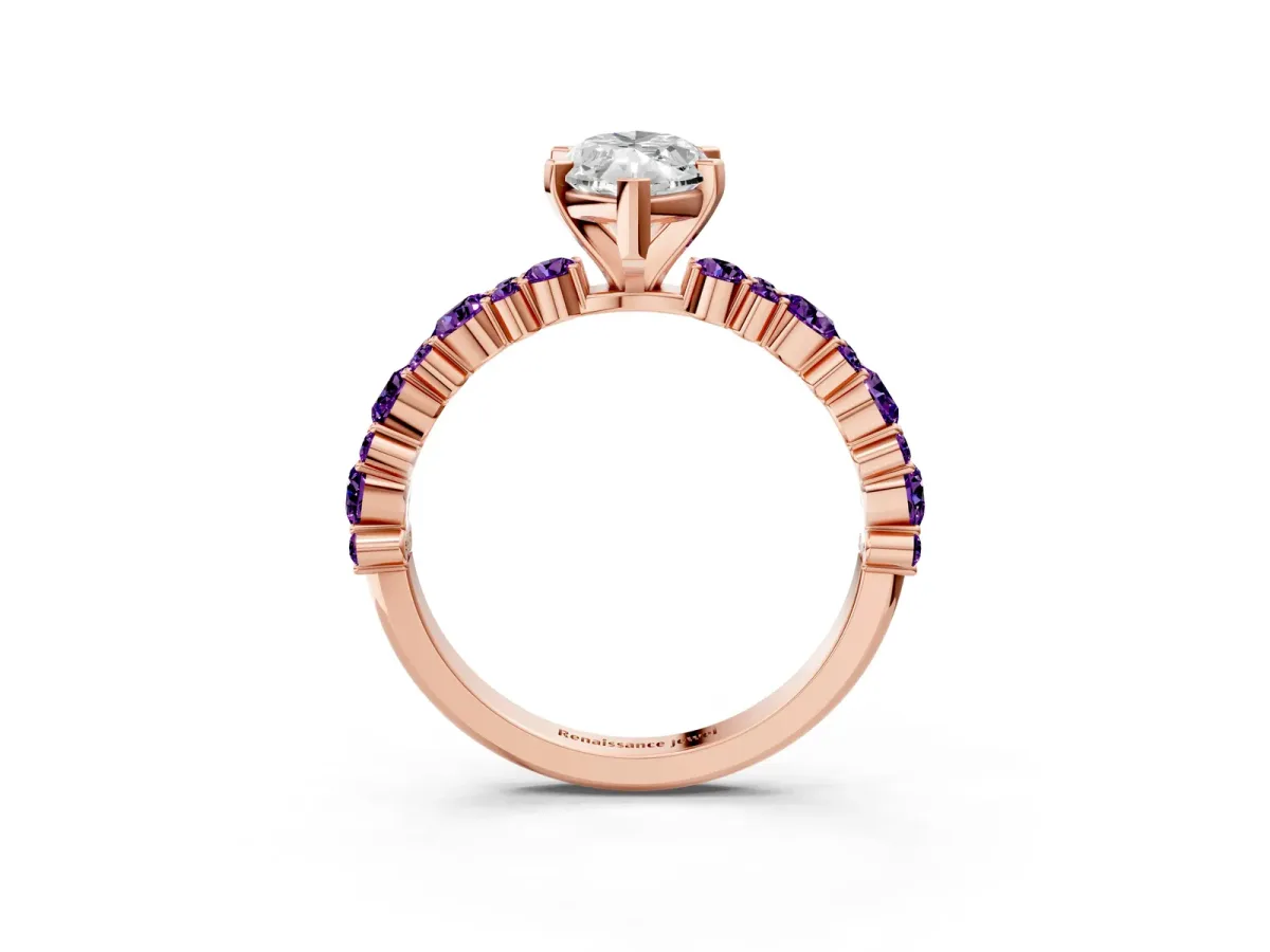 Marquise Cut Diamond Side Stone Solitaire Ring with Round Amethyst and Four-Prong Setting Rose gold