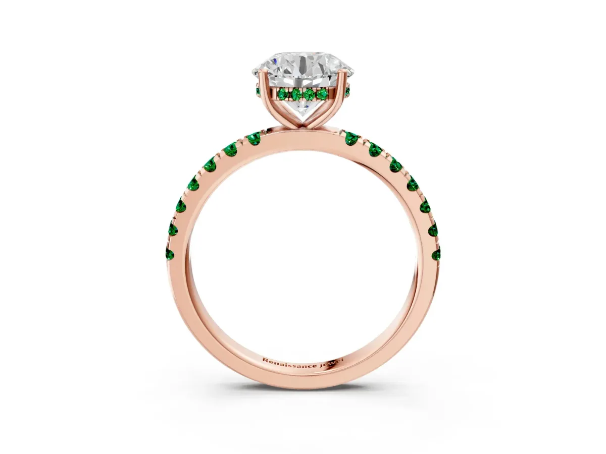 Round Cut Diamond Pave Band Solitaire Ring with Round Emerald and Prong Setting Rose gold