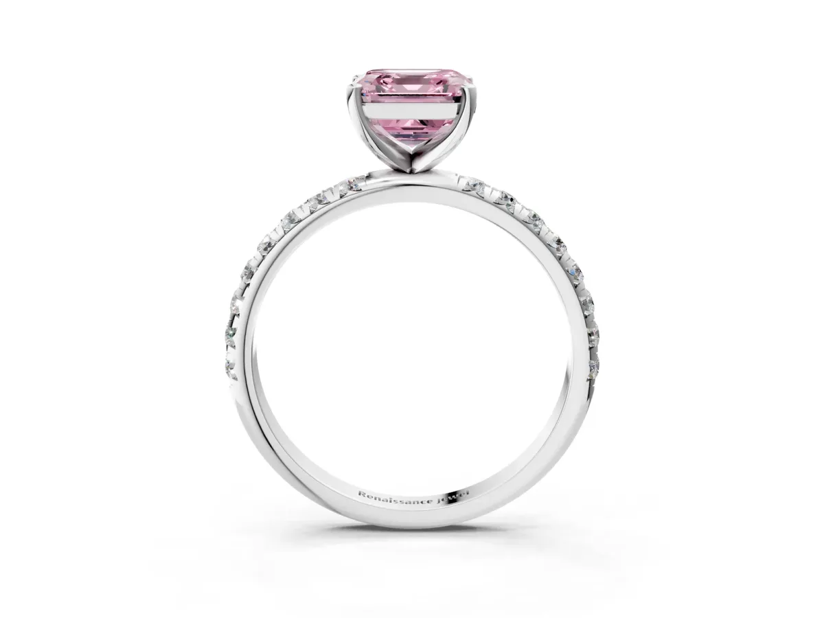 Fancy Pink Asscher Cut Cut Diamond Solitaire Ring with Micro Pave Band and Four Prong Setting Platinum
