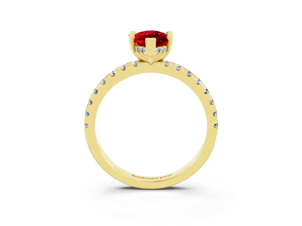 Marquise Cut Ruby Solitaire Ring with Round Pavé Band and Four-Prong Setting Yellow gold