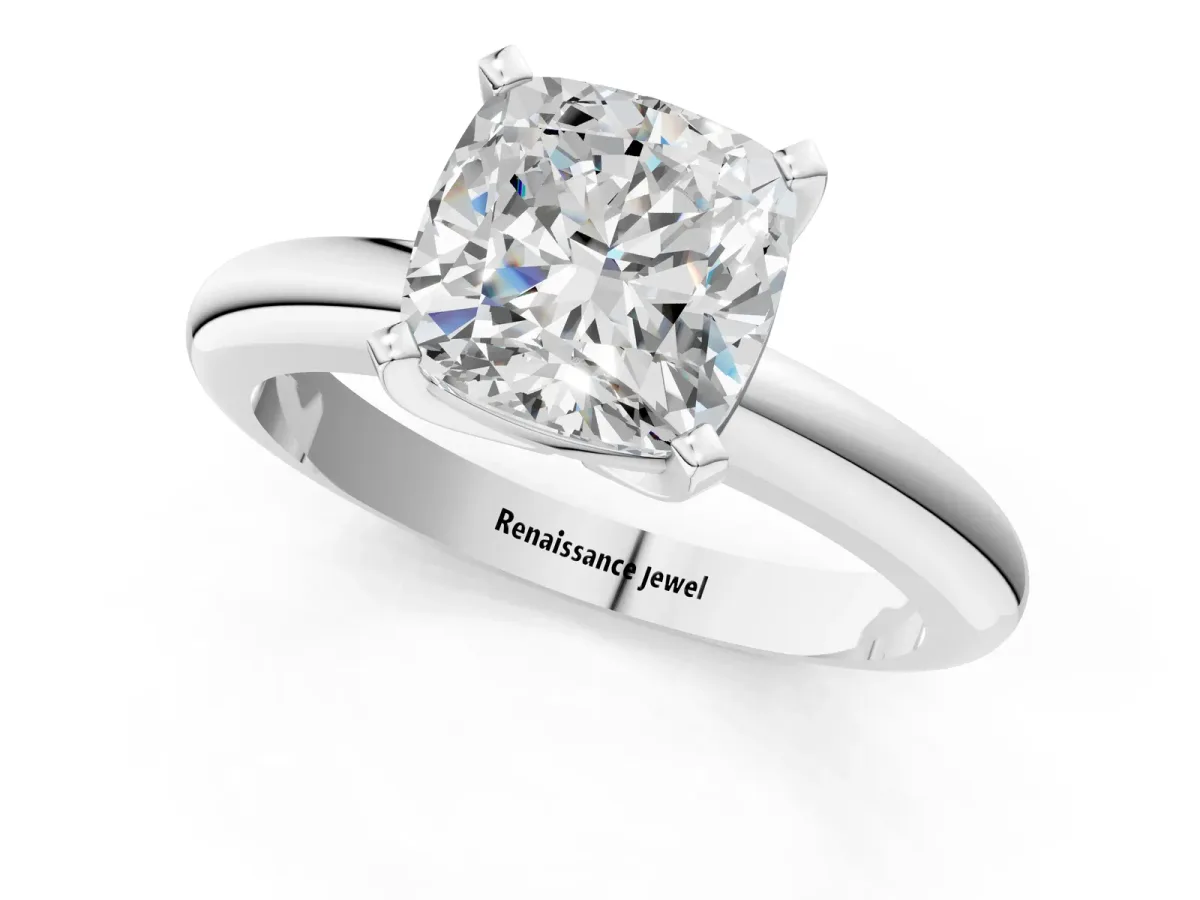 Cushion Cut Diamond Solitaire Engagement Ring with Round Band and Four-Prong Setting Silver