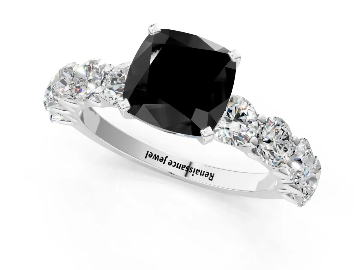 Fancy Black Cushion Cut Diamond Prong Setting with Side Stones on a Pave Band Silver