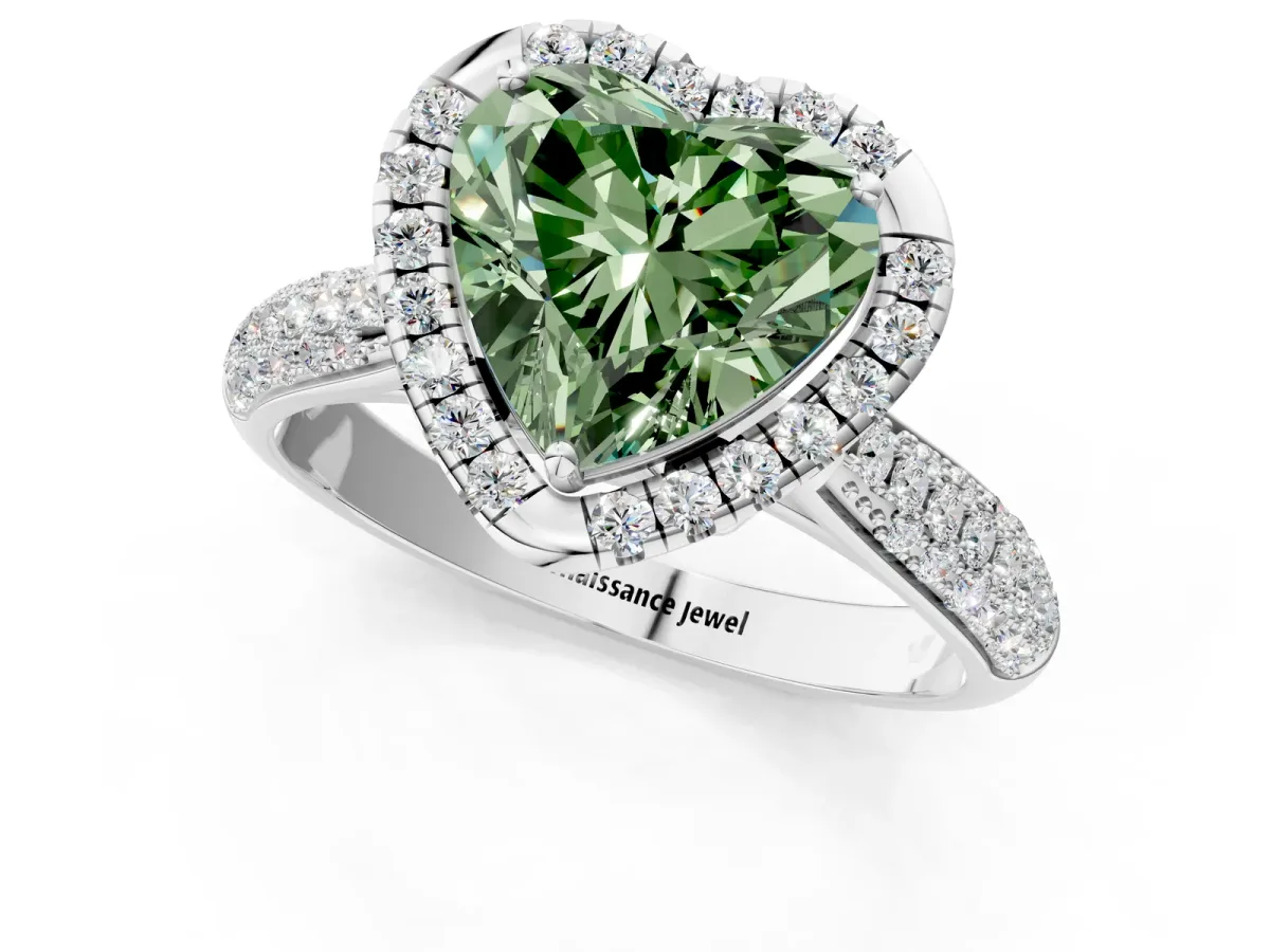 Fancy Green Heart Cut Cut Halo Pave Band Four-Prong Setting Ring Platinum