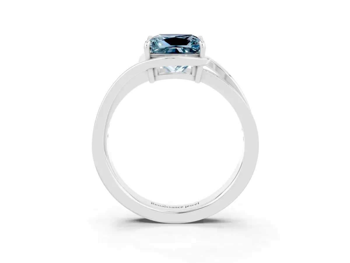 Princess Cut Aquamarine Solitaire Ring with Split Shank and Prong Setting Platinum
