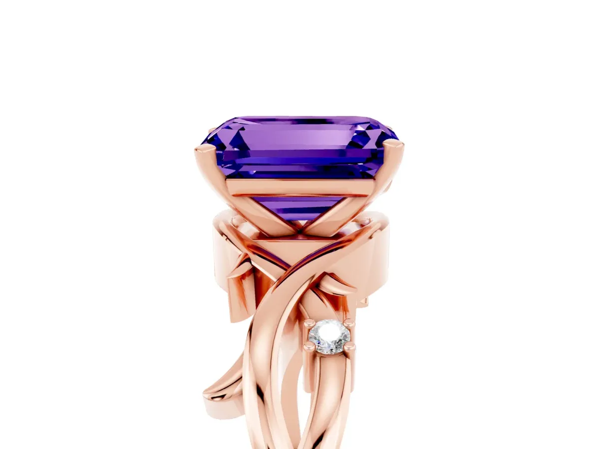 Emerald Cut Tanzanite Solitaire Ring with Twisted Band and Prong Setting Rose gold