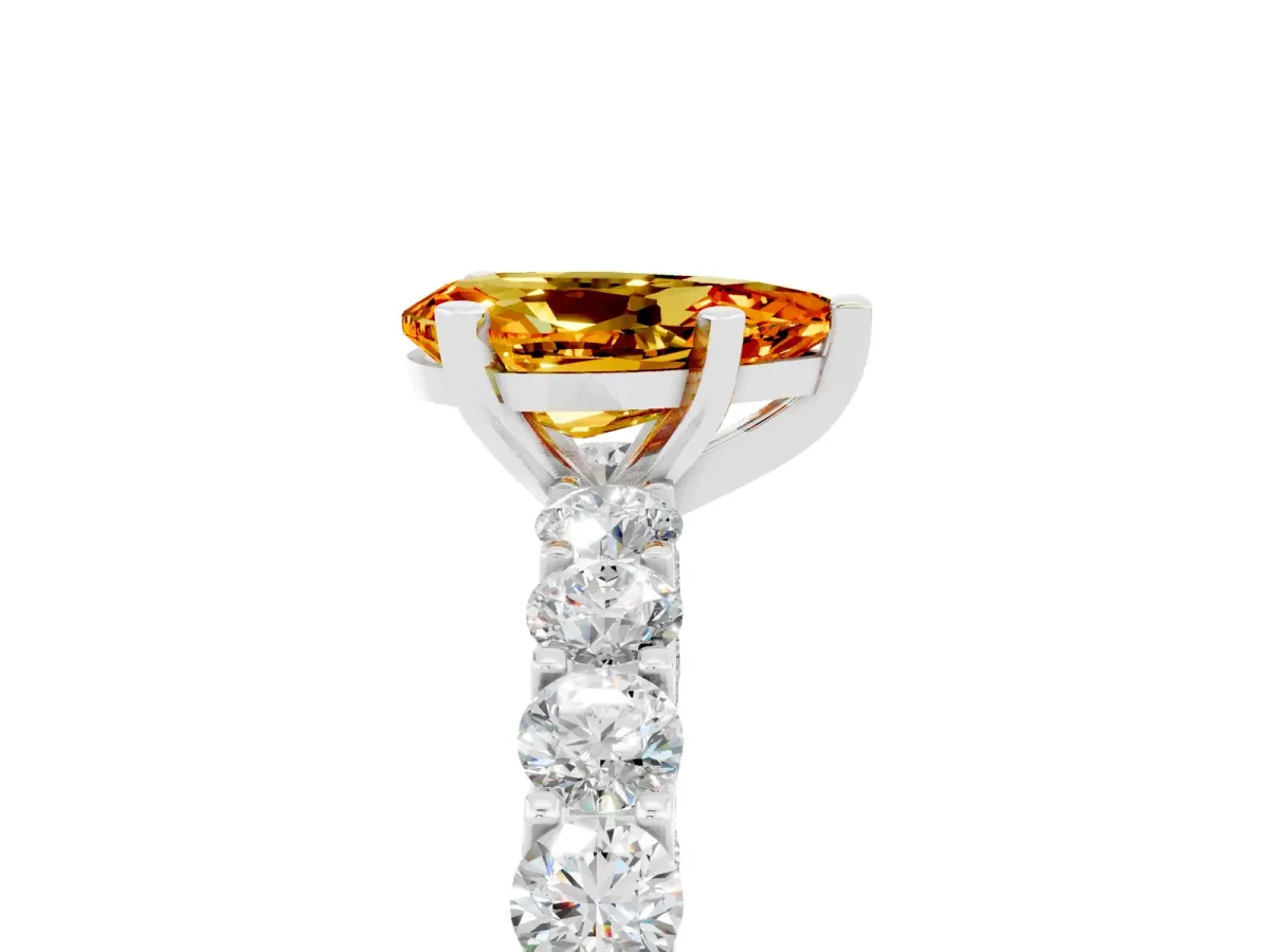 Pear Cut Citrine Solitaire Ring with Shared Prong Pavé Band and Four-Prong Setting Silver