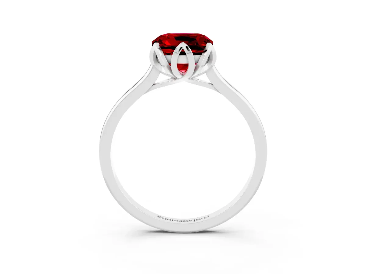 Cushion Cut Ruby Solitaire Ring with Flower Prong Setting and Classic Band White gold