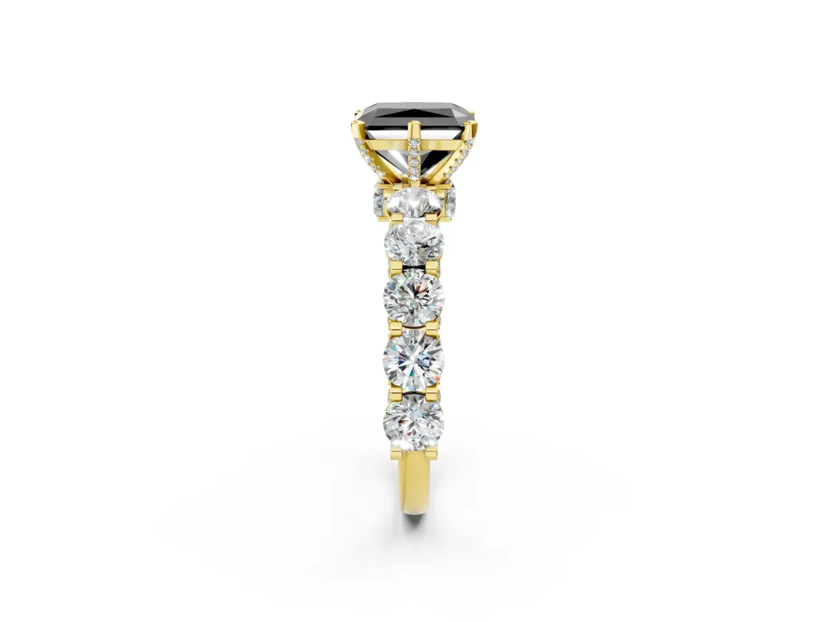 Fancy Black Radiant Cut Diamond Side Stone Engagement Ring with Four-Prong Setting Yellow gold