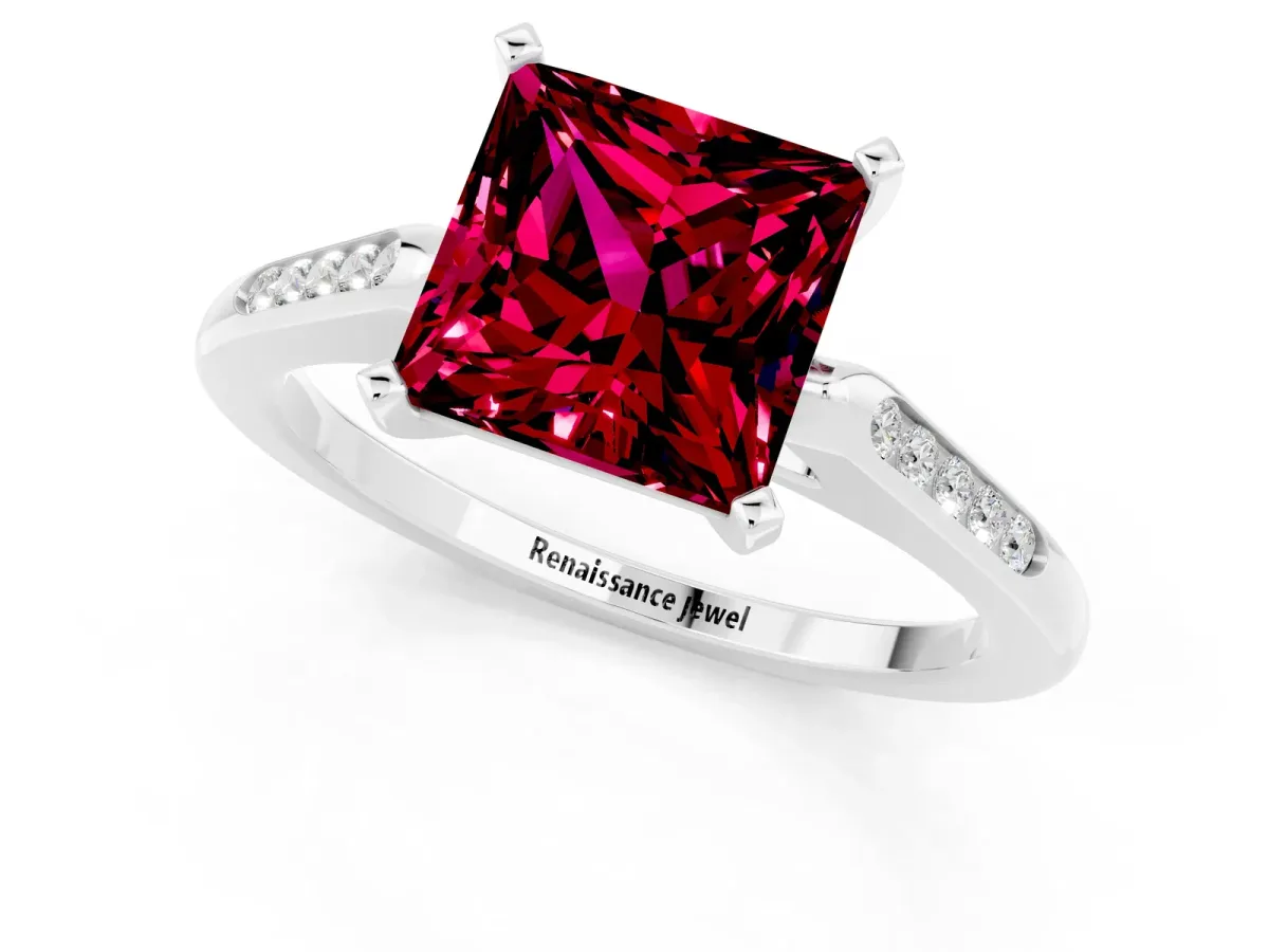 Princess Cut Garnet Solitaire Ring with Channel Set Round Band and Prong Setting Silver