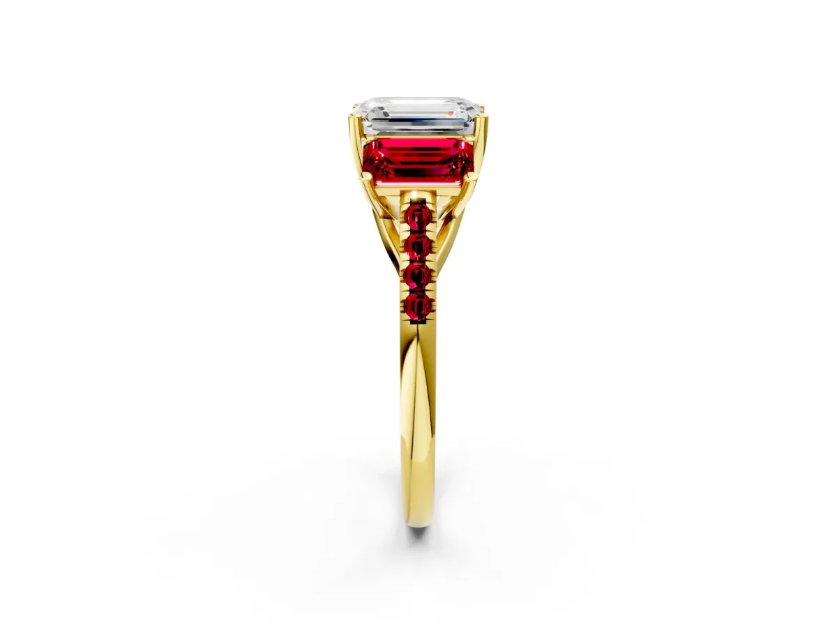 Three-Stone Emerald Cut Diamond Ring with Round Ruby Pavé Band and Prong Setting Yellow gold