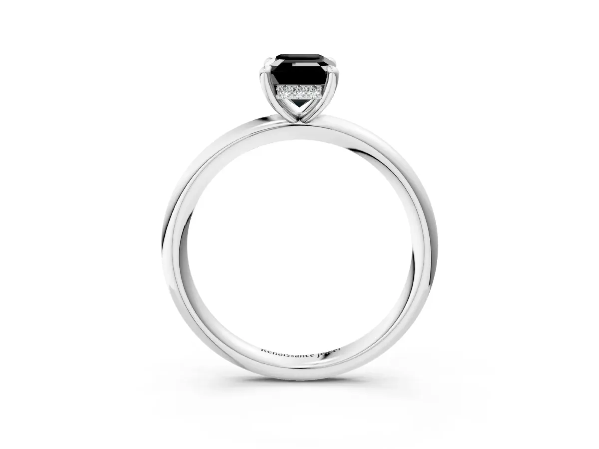 Fancy Black Emerald Cut Diamond Solitaire Ring with Thin Band and Four-Prong Setting White gold