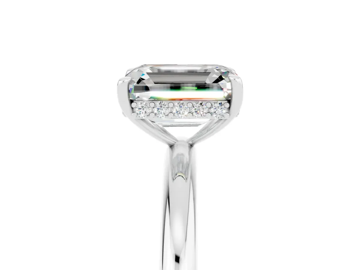 Emerald Cut Moissanite Solitaire Ring with Thin Band and Four-Prong Setting White gold