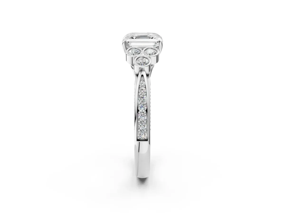 Asscher Cut Cut Diamond Engagement Ring with Bezel Set Round Side Stones and Prong Setting Platinum