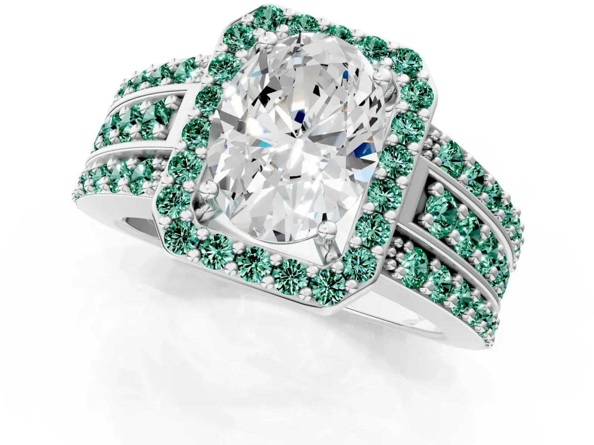 Oval Cut Halo Diamond Ring with Round Green Sapphire Split Shank and Prong Setting Silver