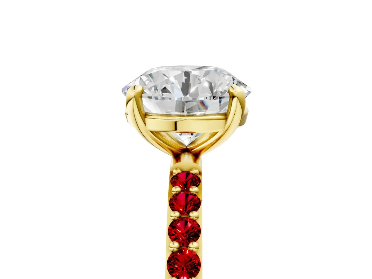 Round Cut Diamond Solitaire Ring with Round Ruby Pavé Band and Prong Setting Yellow gold
