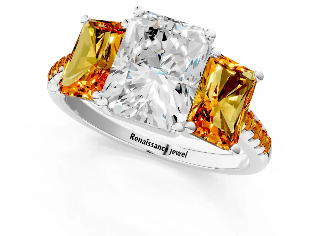 Three-Stone Radiant Cut Diamond Ring with Round Citrine Pavé Band and Prong Setting Silver