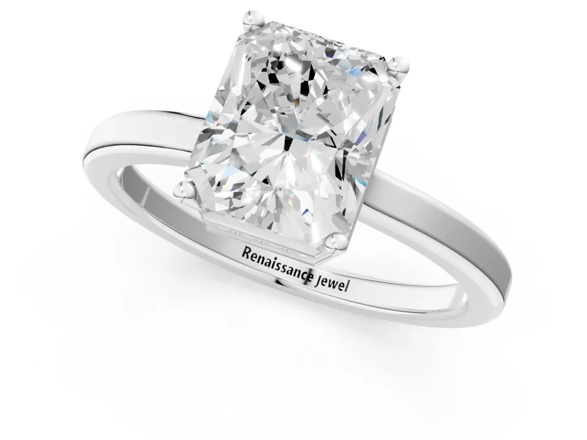 Radiant Cut Cut Solitaire Engagement Ring with Four-Prong Setting on a Classic Band Platinum