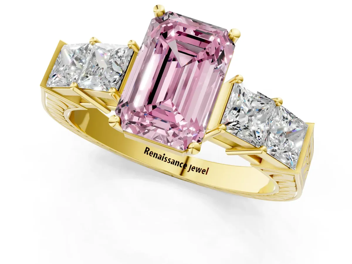 Fancy Pink Emerald Cut Solitaire Princess Side Stone Engraved Band Prong Setting Ring Yellow gold
