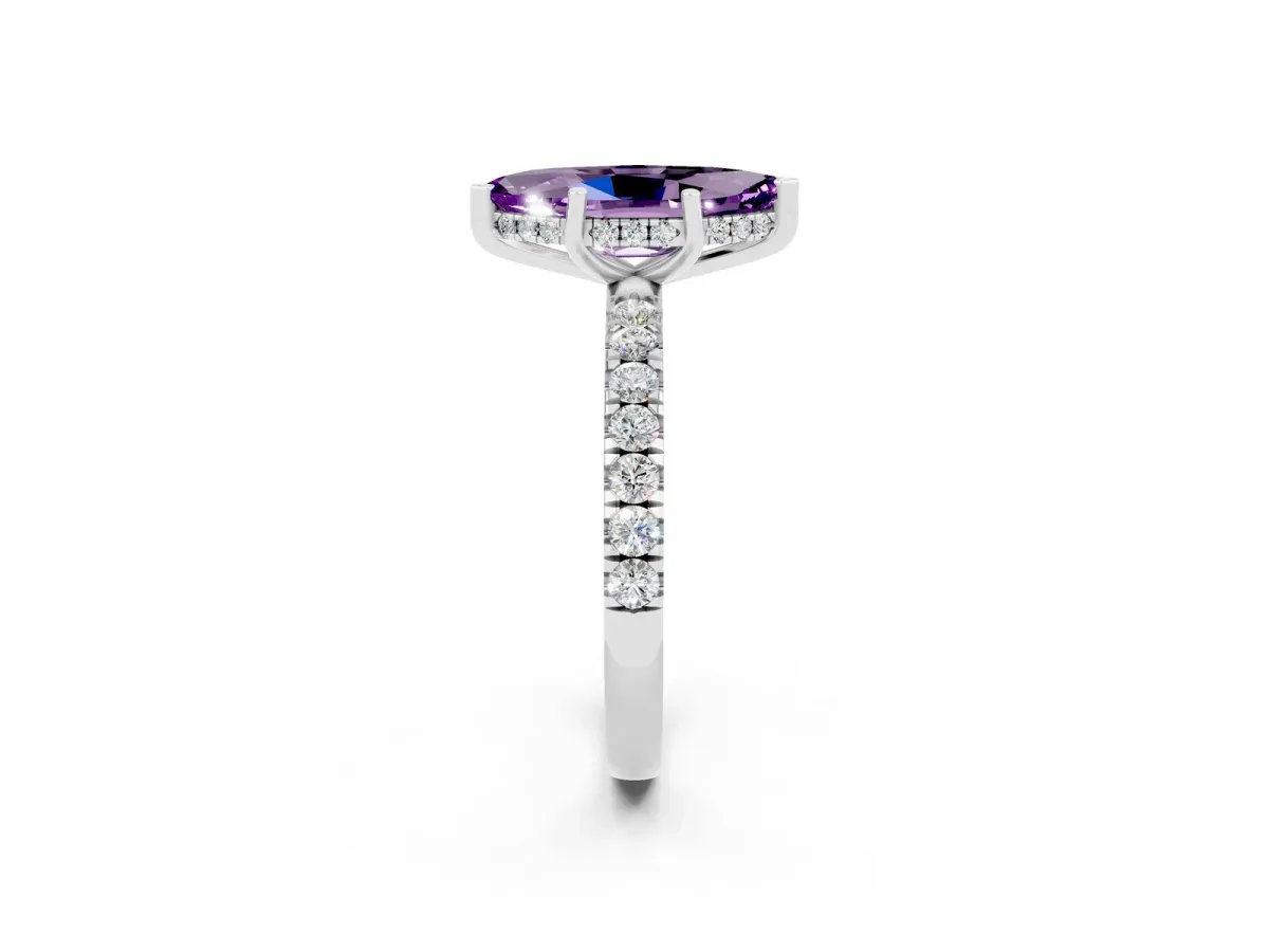 Marquise Cut Amethyst Pave Band Solitaire Ring with Round and Prong Setting Platinum