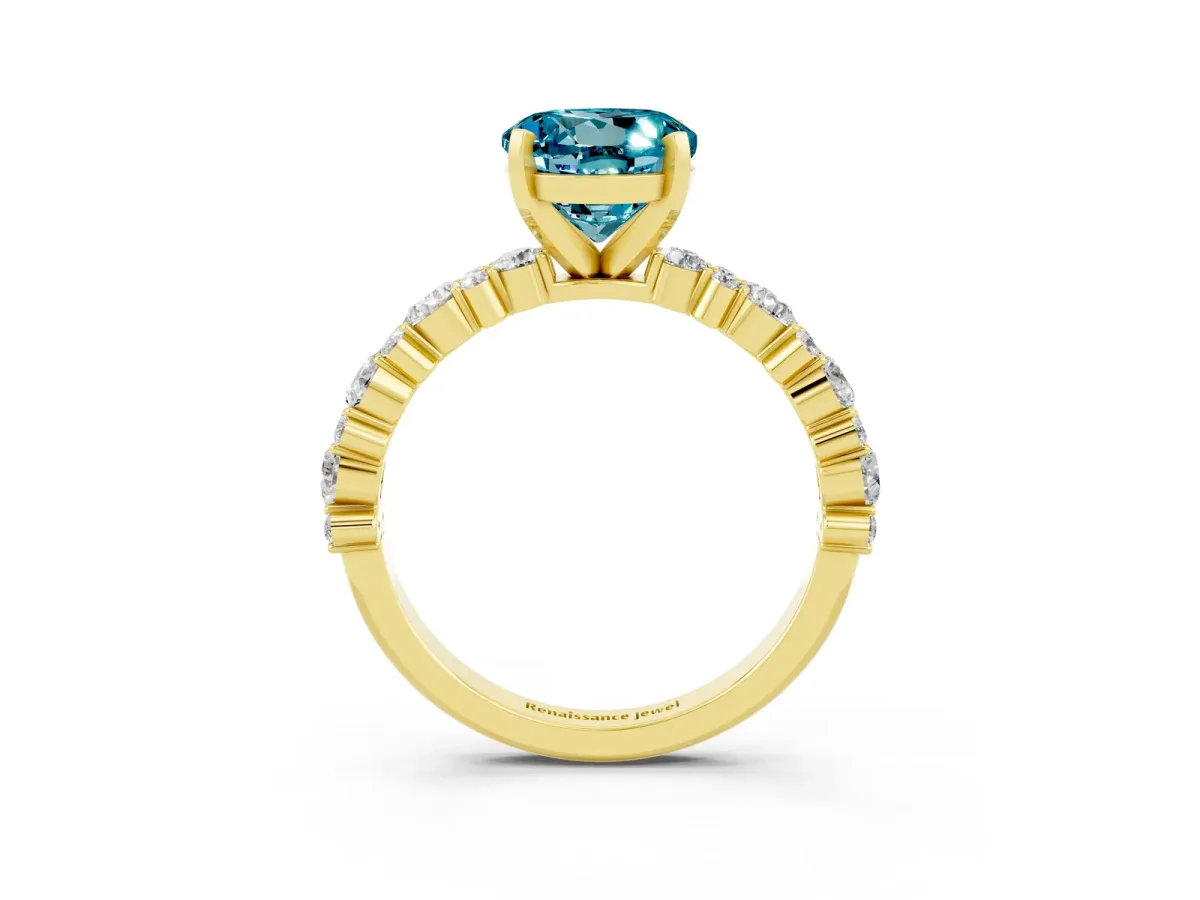 Round Cut Blue Topaz Side Stone Solitaire Ring with Round and Four-Prong Setting Yellow gold
