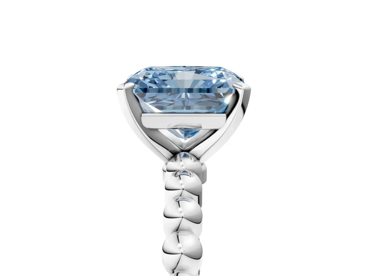 Fancy Blue Radiant Cut Diamond Solitaire Ring with Beaded Band and Prong Setting Silver