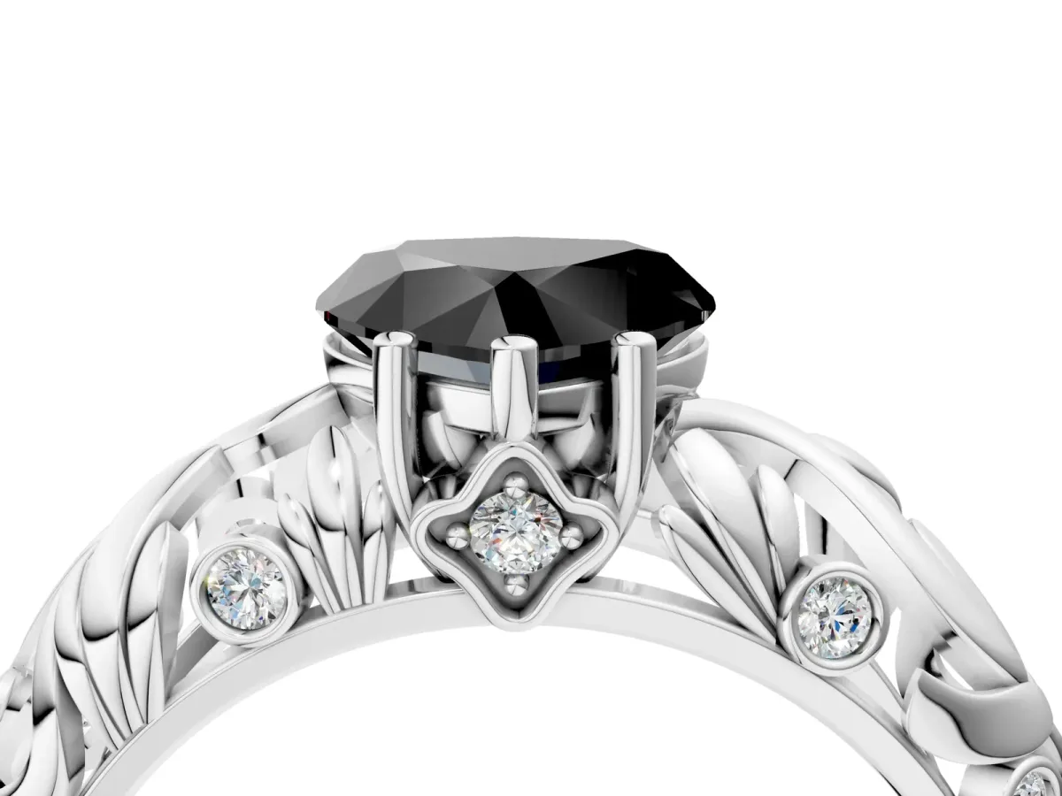 Fancy Black Heart Cut Solitaire Diamond Leaf-Inspired Vine Band Ring with Prong Setting Platinum