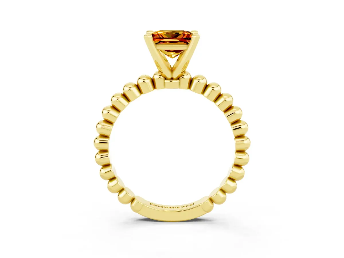 Princess Cut Citrine Solitaire Ring with Beaded Band and Prong Setting Yellow gold