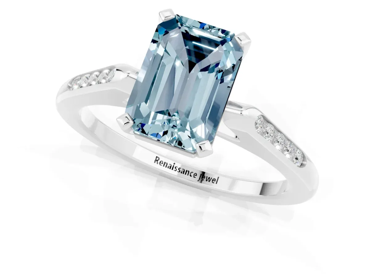 Emerald Cut Aquamarine Solitaire Ring with Channel Set Round Band and Prong Setting Silver
