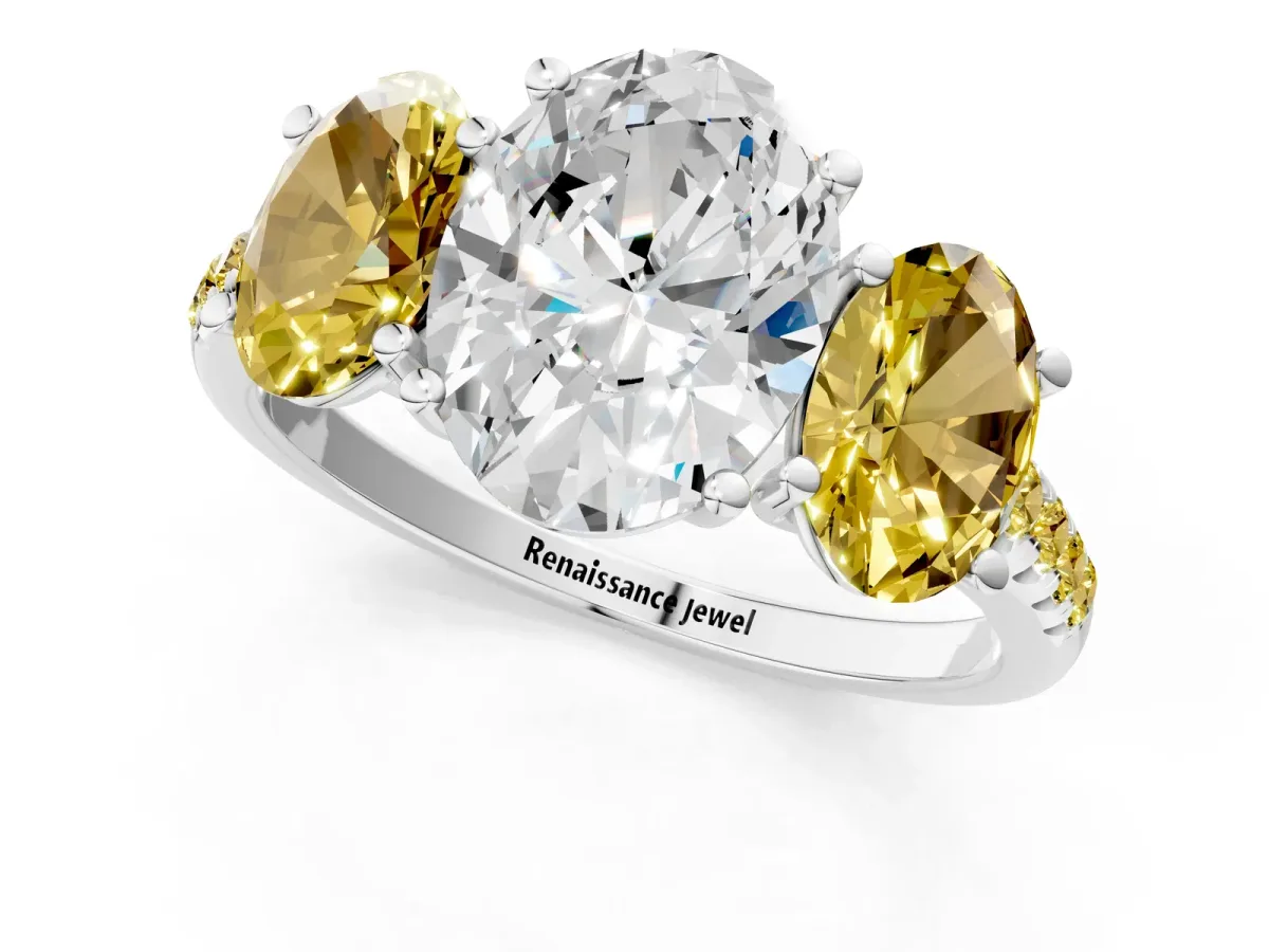 Three-Stone Oval Cut Diamond Ring with Round Yellow Sapphire Pavé Band and Prong Setting Silver