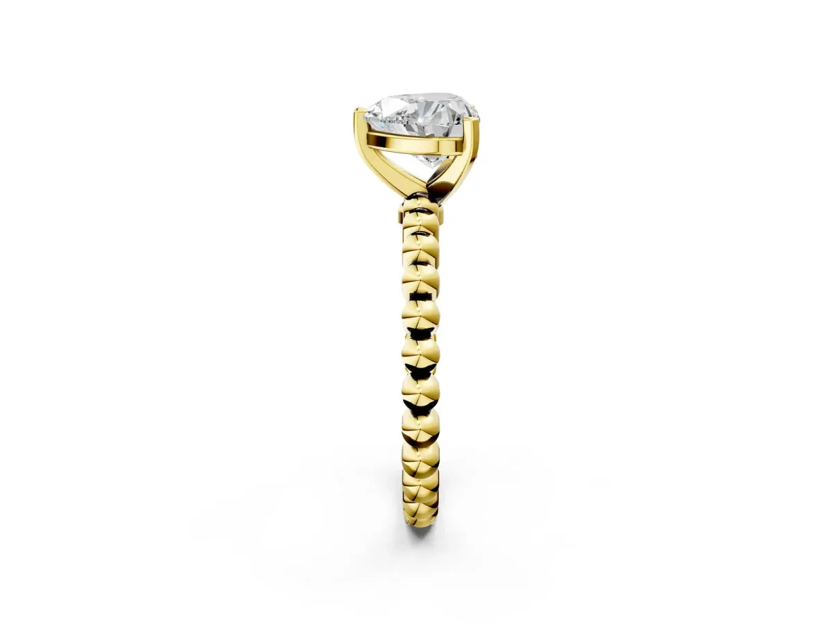 Heart Cut Diamond Solitaire Ring with Beaded Band and Prong Setting Yellow gold