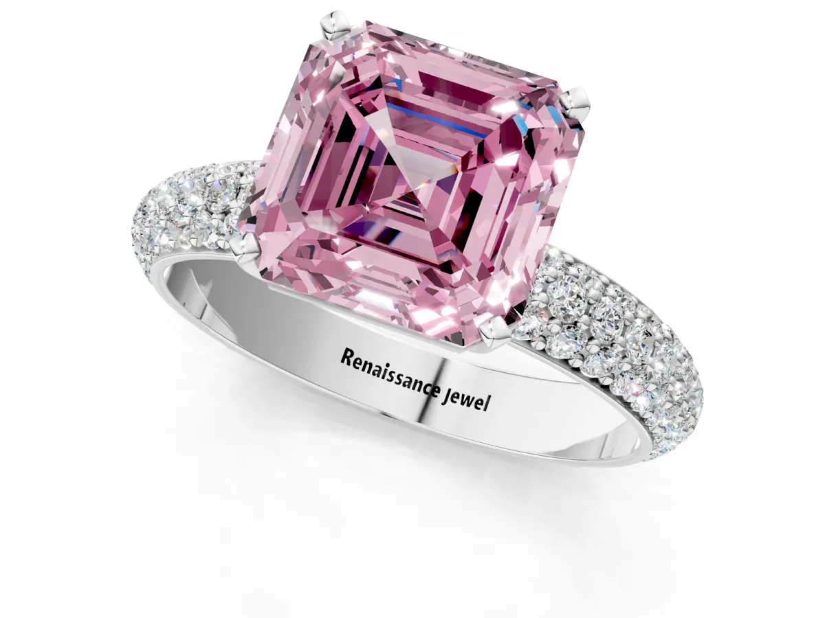 Fancy Pink Asscher Cut Diamond Solitaire Ring with Prong Setting and Pavé Band Platinum