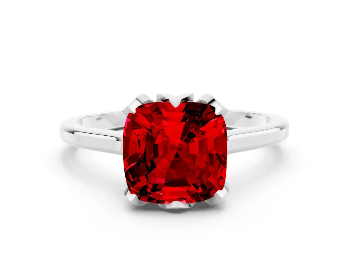 Cushion Cut Ruby Solitaire Ring with Flower Prong Setting and Classic Band White gold
