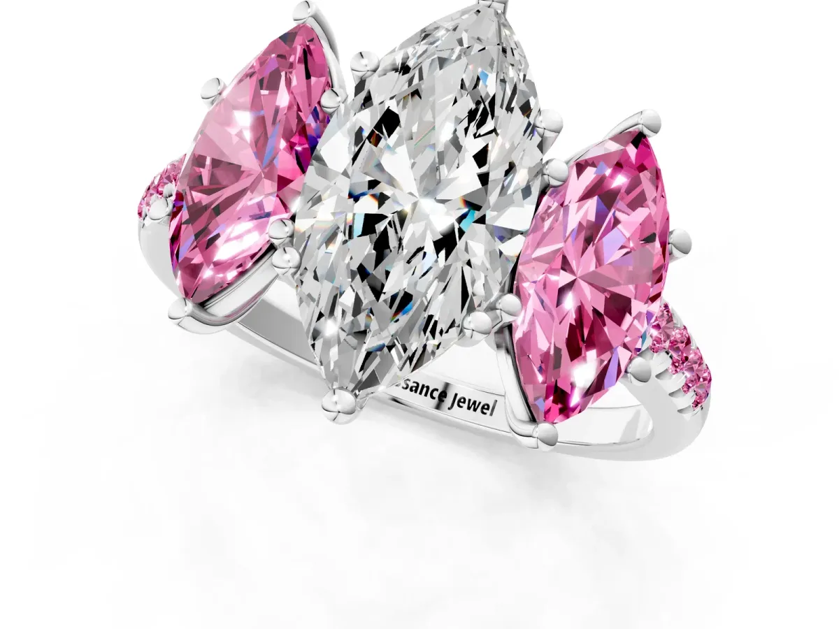 Three-Stone Marquise Cut Diamond Ring with Round Pink Sapphire Pavé Band and Prong Setting Silver