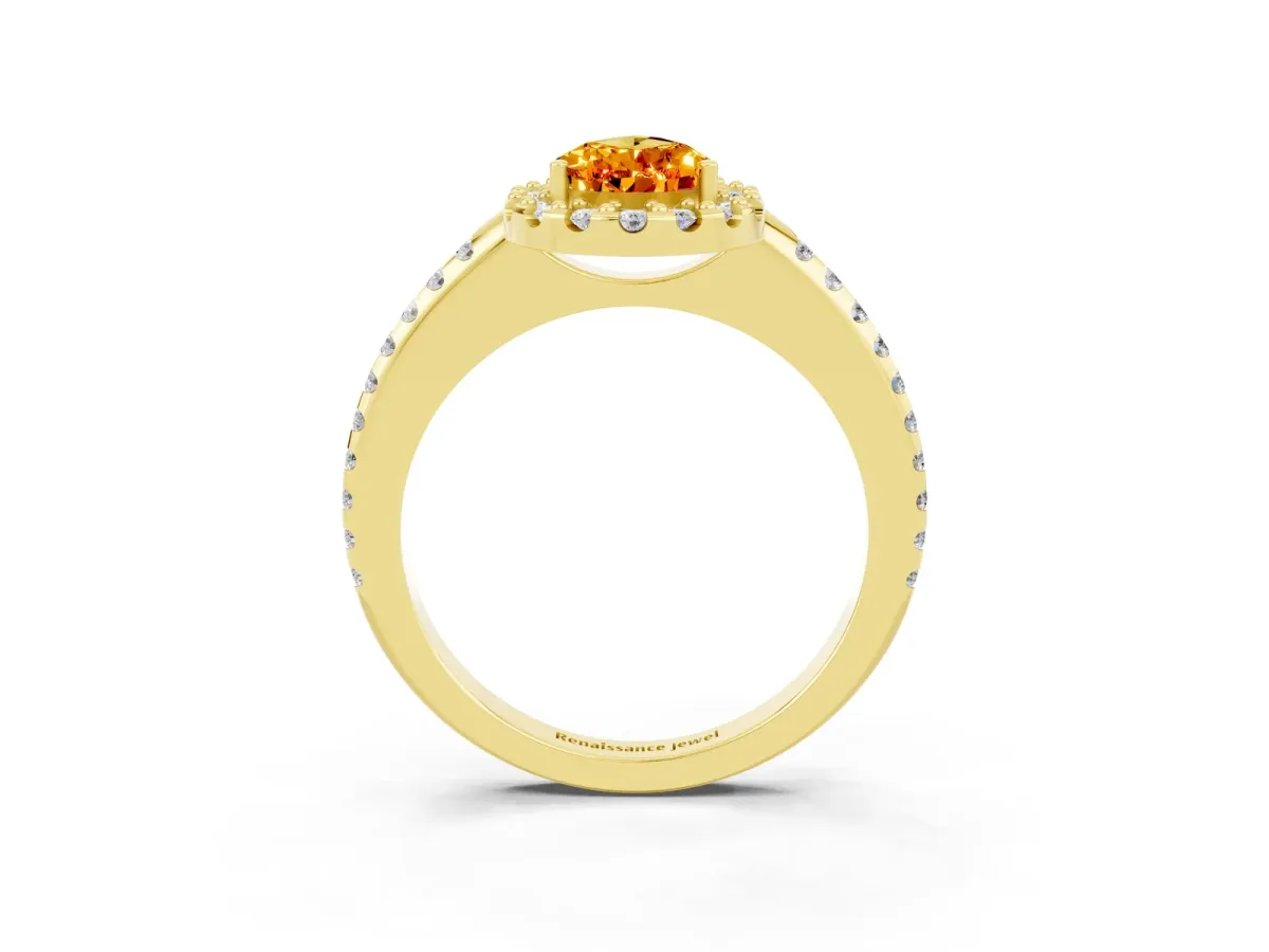 Pear Cut Citrine Pavé Halo Ring with Four-Prong Setting Yellow gold