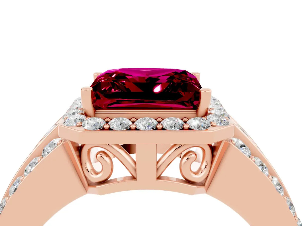 Princess Cut Halo Garnet Ring with Round Split Shank and Prong Setting Rose gold