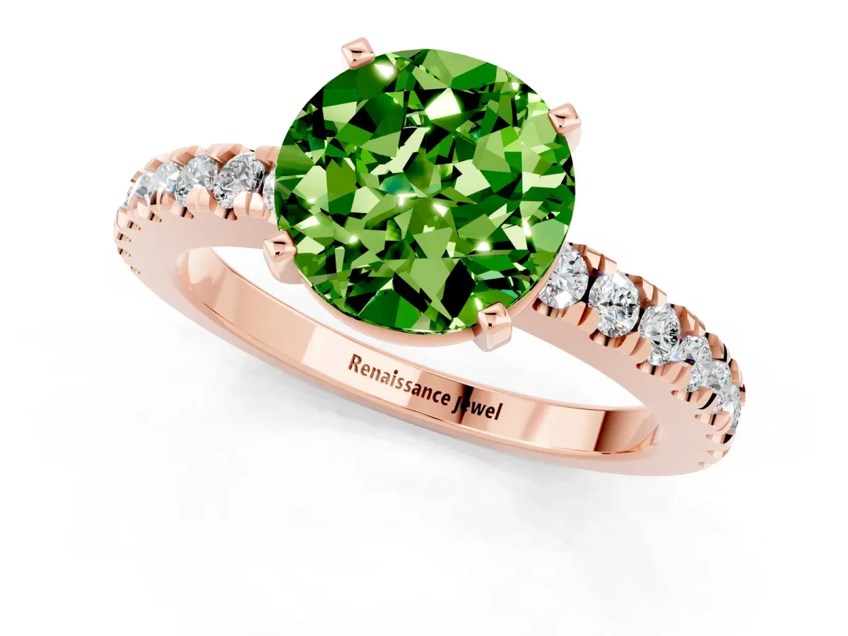 Round Cut Solitaire Peridot with Pavé Band and Four-Prong Setting Rose gold