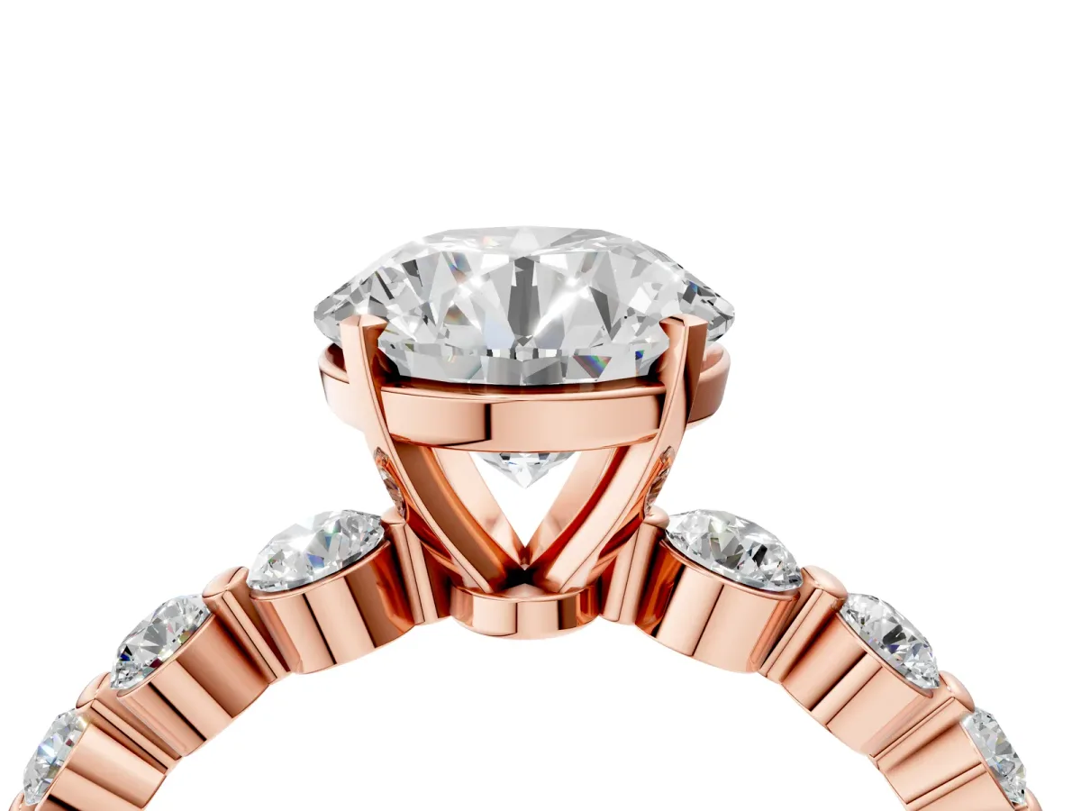 Round Cut Solitaire Diamond Ring with Pave Band and Four-Prong Setting Rose gold