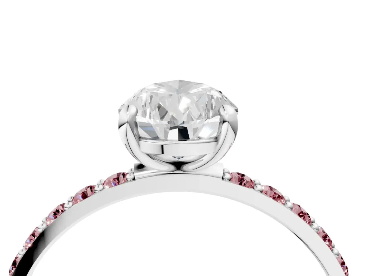 Pear Cut Diamond Solitaire Ring with Round Morganite Pavé Band and Prong Setting Silver