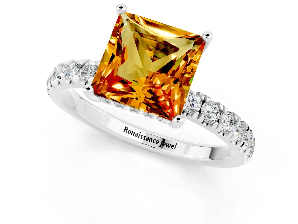 Princess Cut Citrine Pave Band Solitaire Ring with Round and Prong Setting Platinum