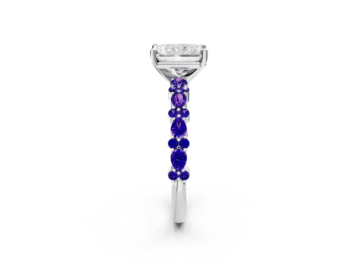 Radiant Cut Diamond Side Stone Solitaire Ring with Round Tanzanite and Four-Prong Setting Silver