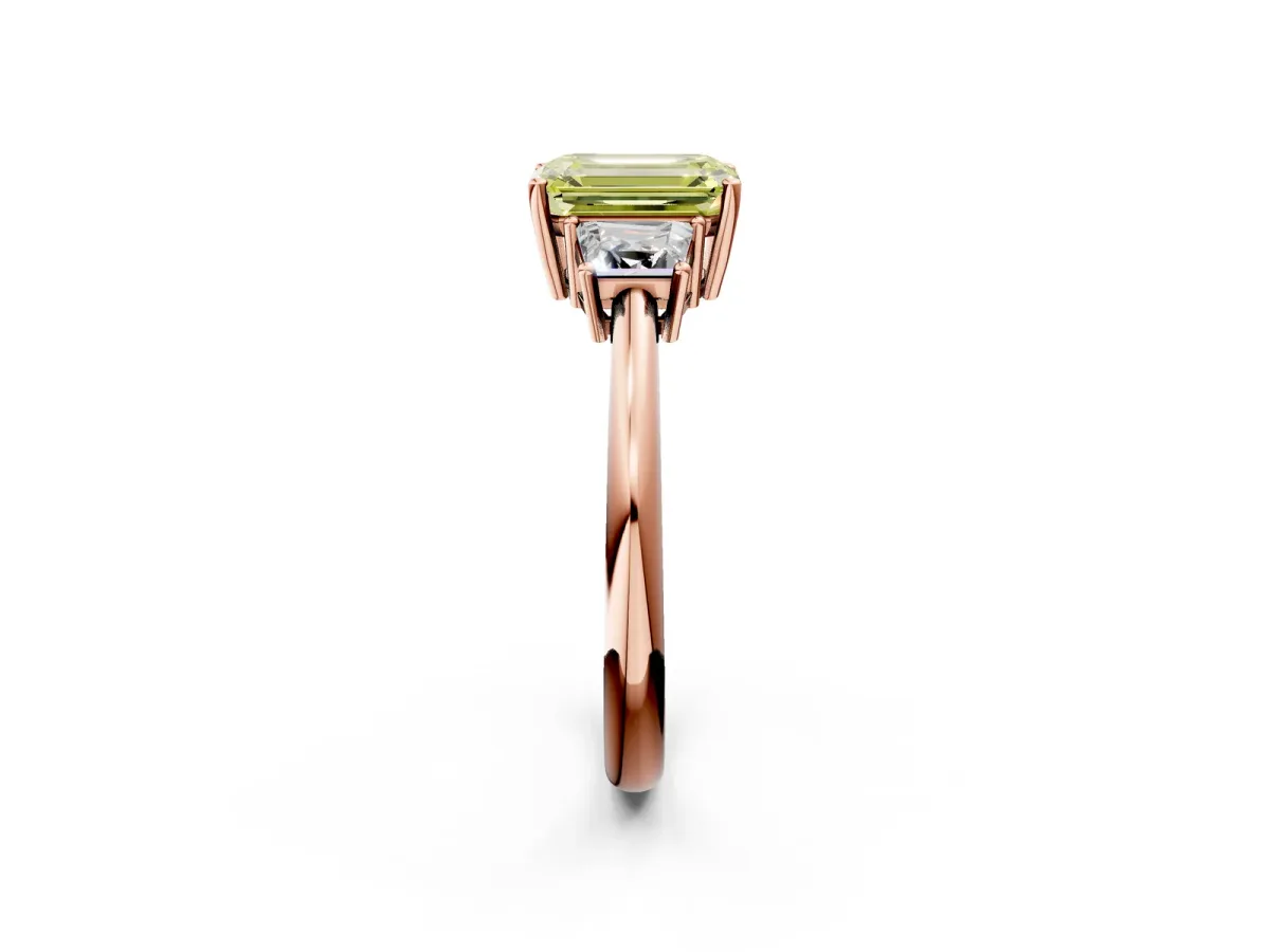 Fancy Yellow Emerald Cut Diamond Three-Stone Ring with Trapezoid Side Stones and Prong Setting Rose gold