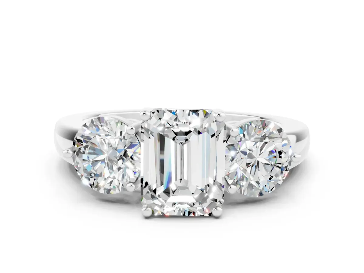 Emerald Cut Moissanite Three-Stone Ring with Prong Setting and Classic Band White gold