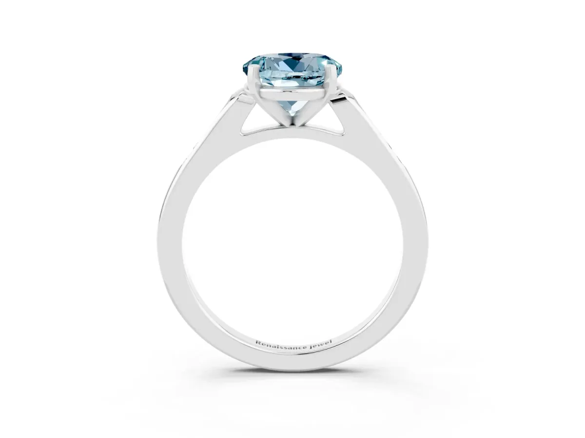 Round Cut Aquamarine Solitaire Ring with Channel Set Round Band and Prong Setting Silver